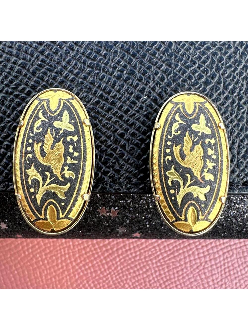 Vintage Bird & Floral 24K & Black Spanish Damascene Inlay Oval Clip-on Earrings